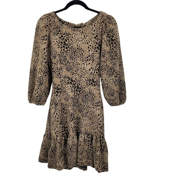 Anthropologie Leopard Cutout Back Mini Dress Sz 6 Puff Sleeves Ruffle Hem Knit - Picture 12 of 12